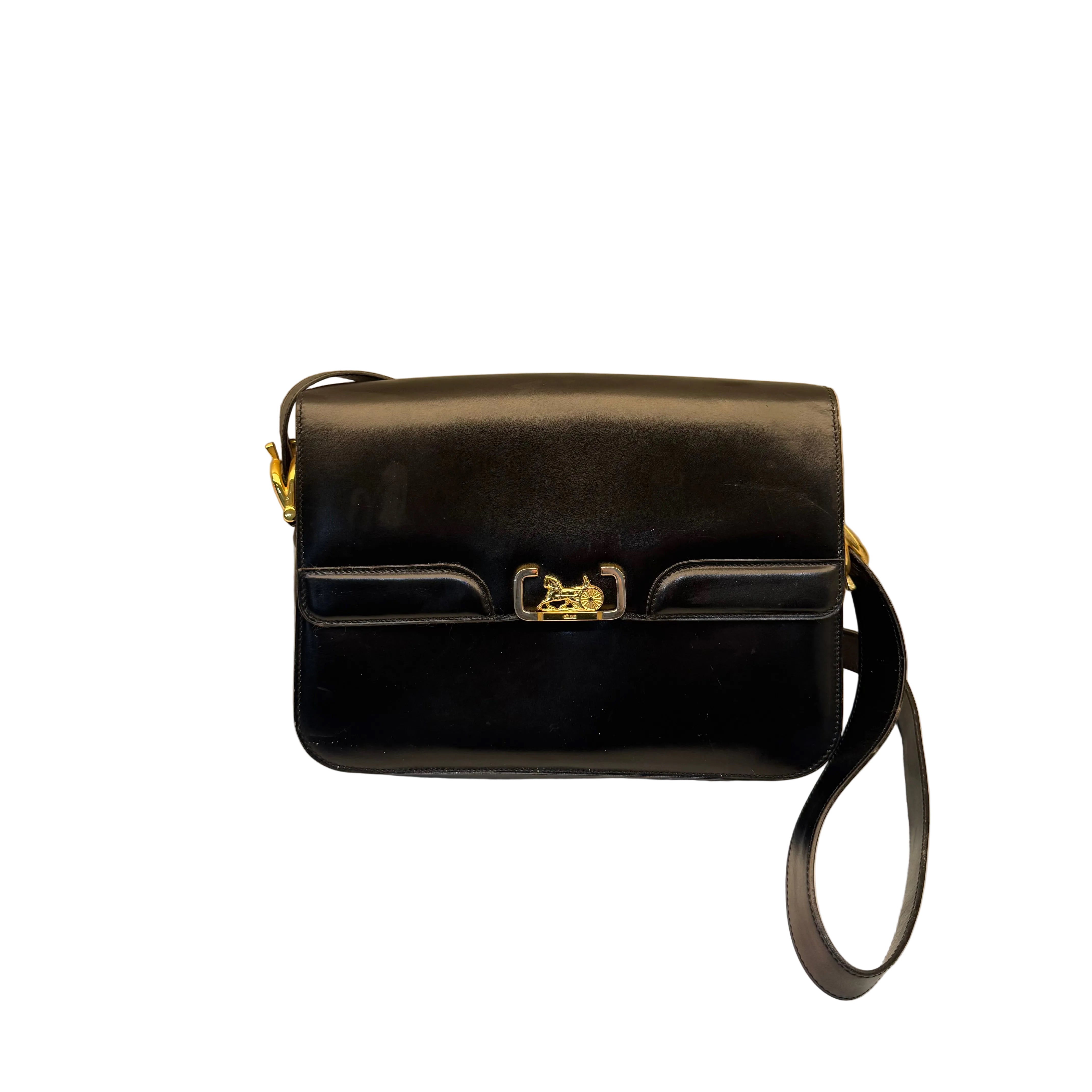 Celine Vintage Black Leather Horse Carriage Shoulder Bag