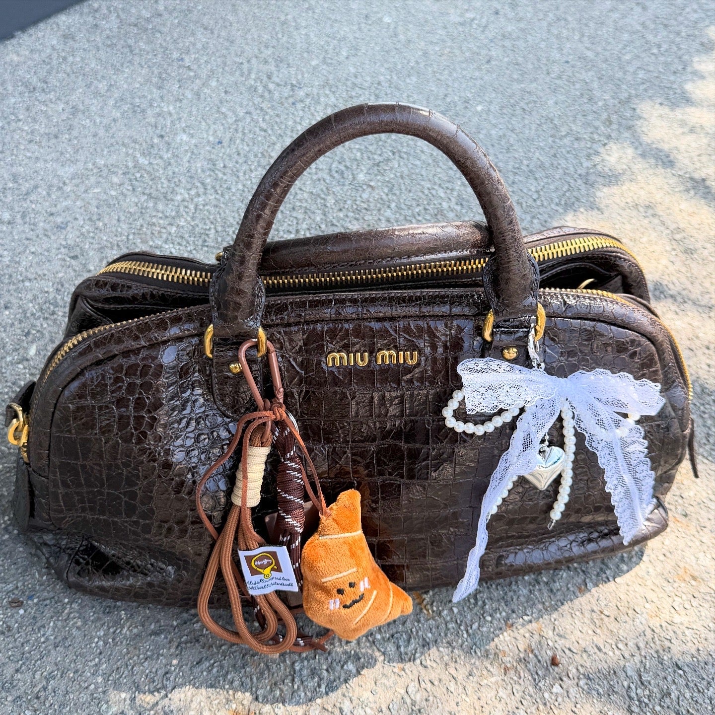 Miu Miu Brown Croc Embossed Leather Triple Zip Satchel