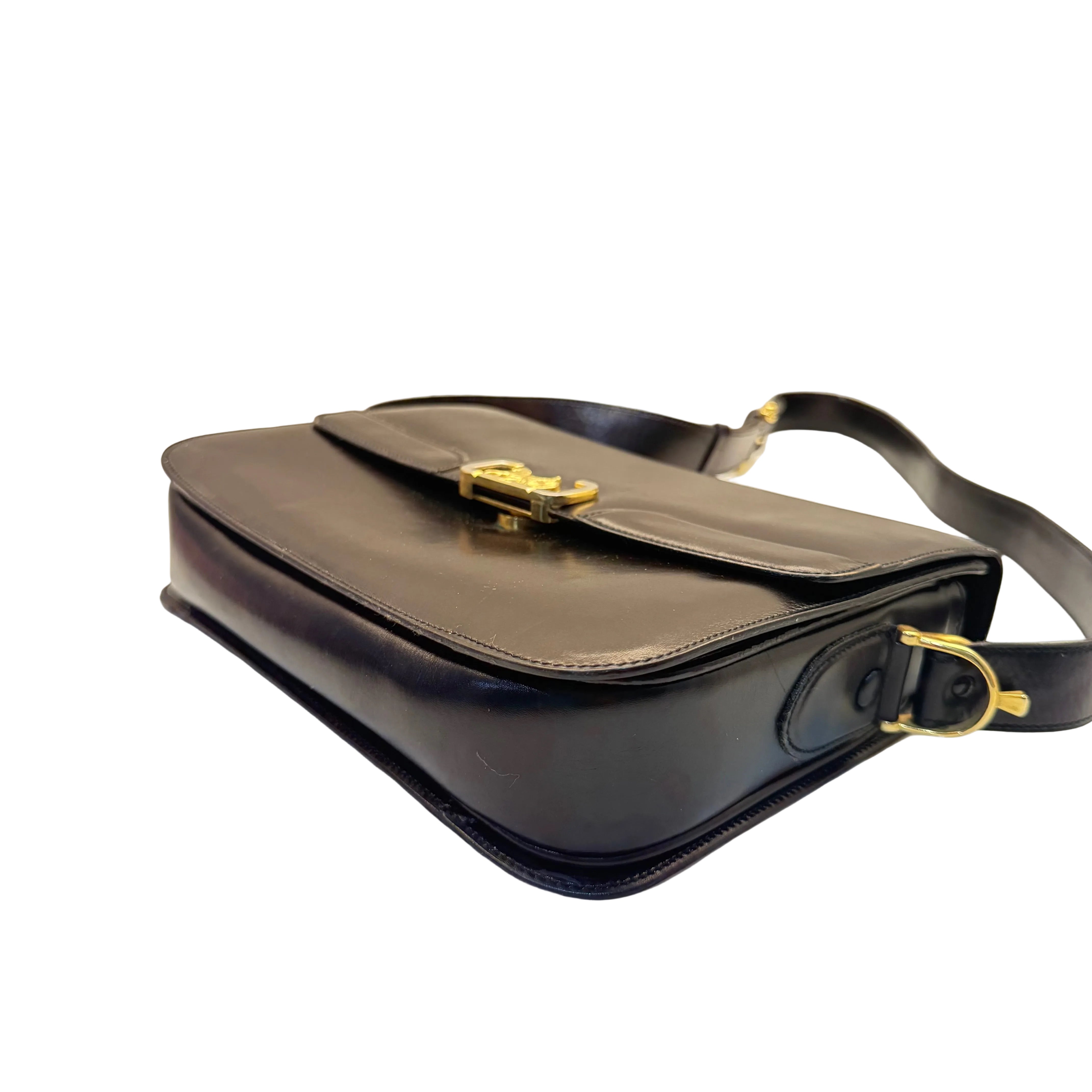 Celine Vintage Black Leather Horse Carriage Shoulder Bag