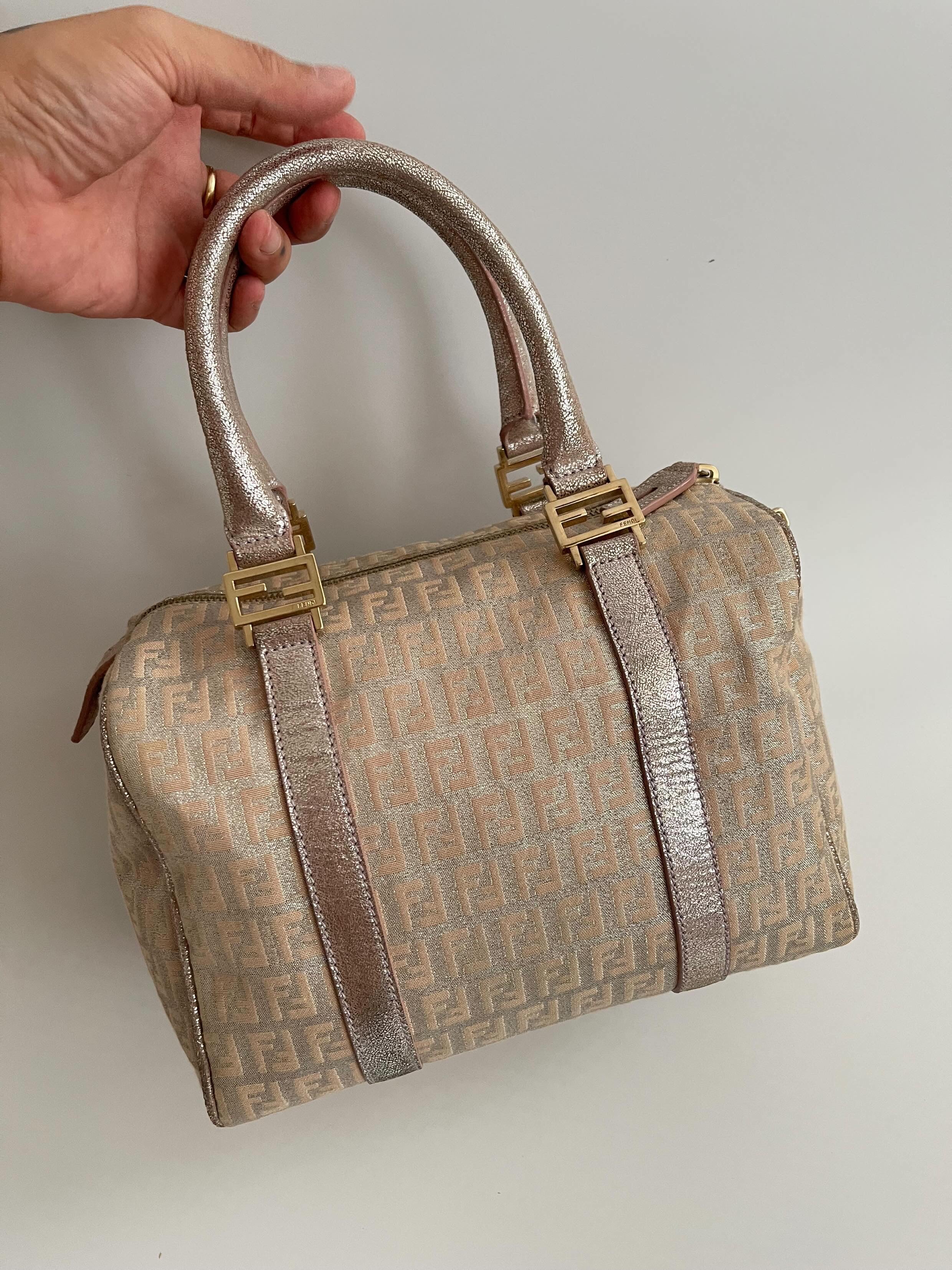 FENDI Zucchino Boston Handbag Pink Silver