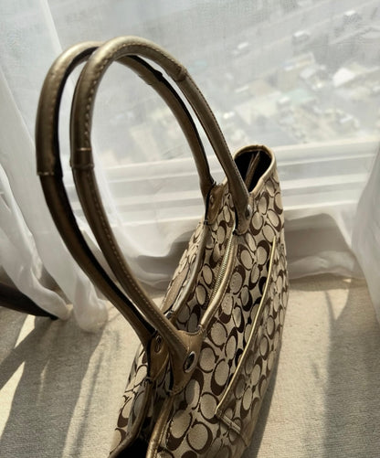 Coach Signature Jacquard Bleecker Brown Gold Metallic Leather Tote