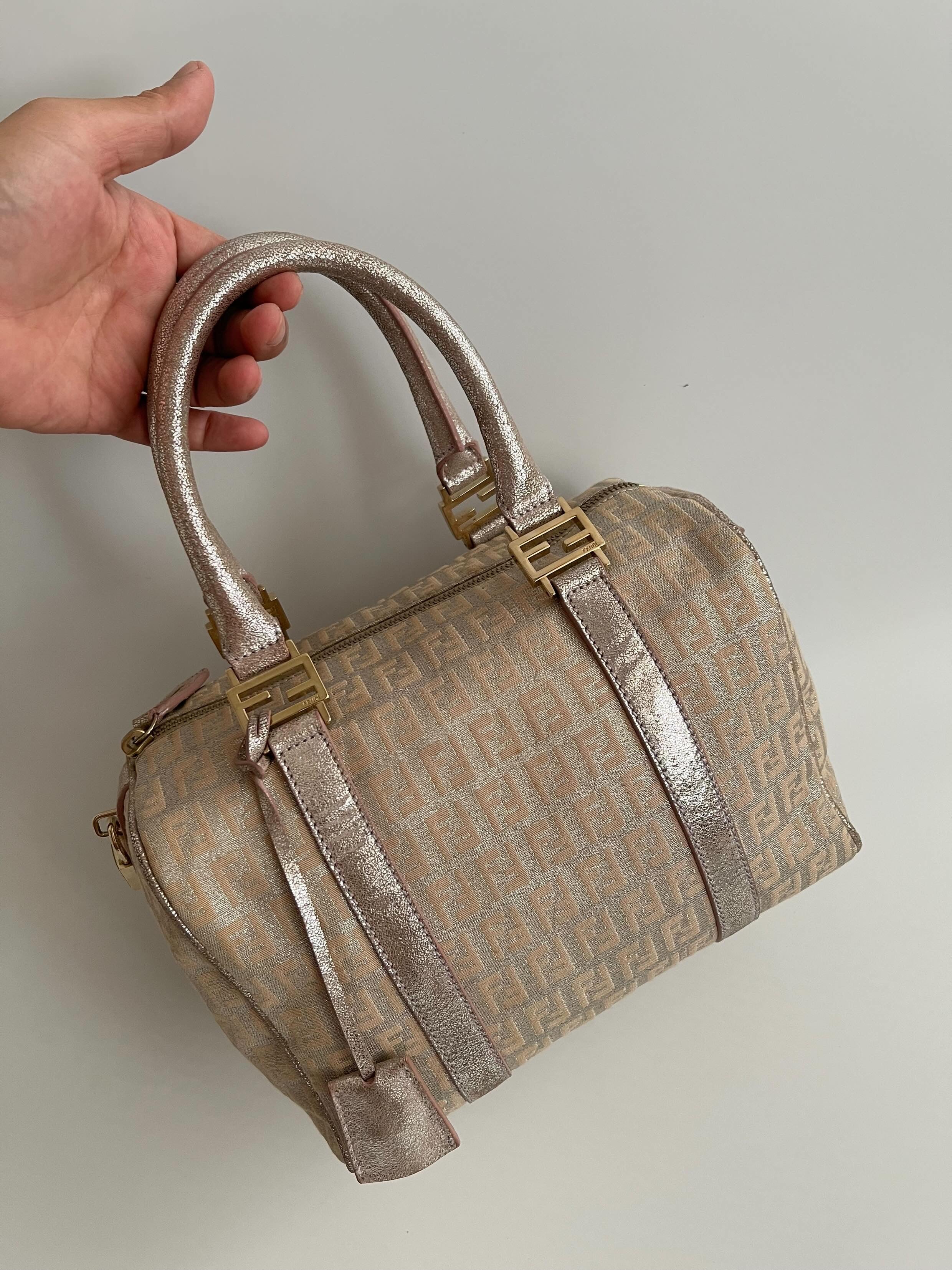FENDI Zucchino Boston Handbag Pink Silver