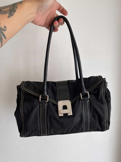 PRADA Vintage Black Tessuto Nylon Leather Satchel Handbag