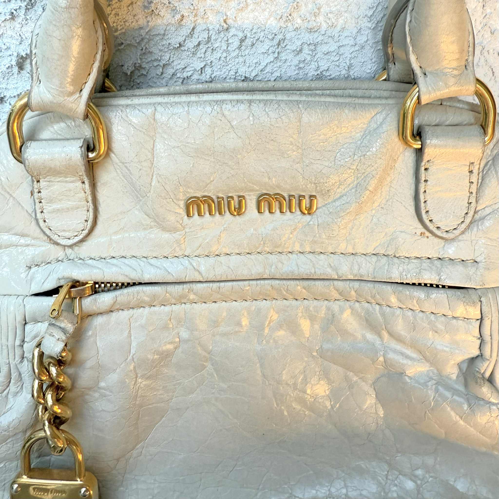 Miu Miu White Vitello Lux Leather Charm Satchel