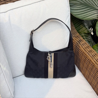 Gucci Jackie Black Beige Canvas Leather Shoulder Bag
