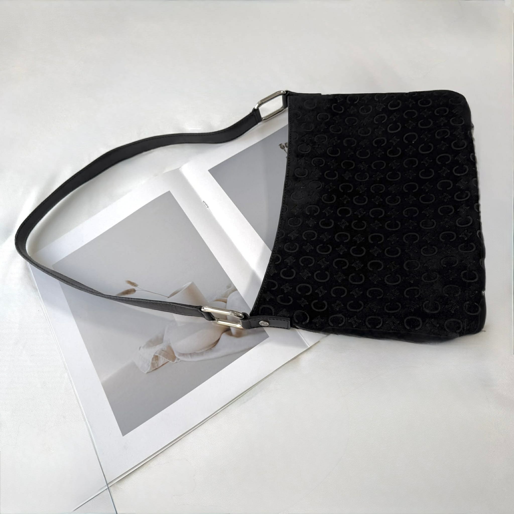Celine Black C Logo Embossed Suede Leather