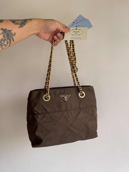 PRADA Chain Shoulder Bag Nylon Brown Gold
