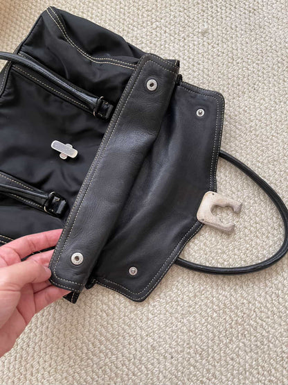 PRADA Vintage Black Tessuto Nylon Leather Satchel Handbag