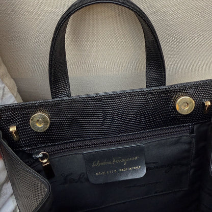 Salvatore Ferragamo Vara Lizard Embossed Black Leather Handbag