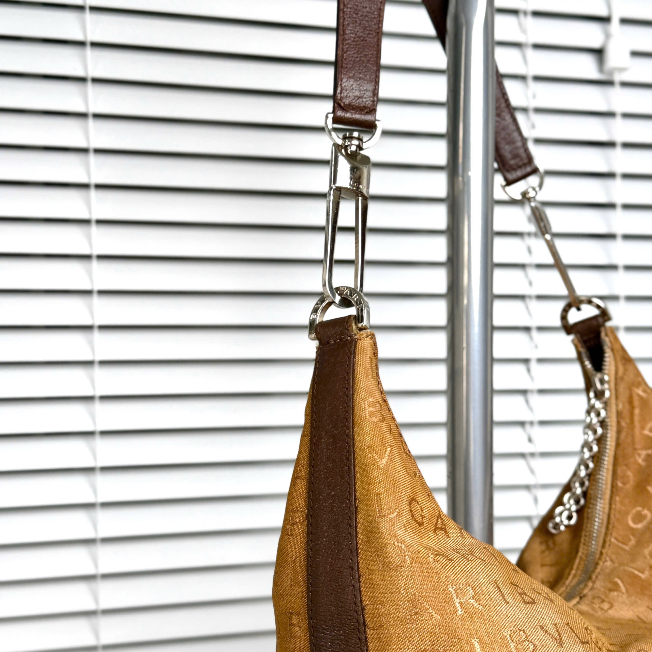 BVLGARI Logomania Brown Canvas Leather Shoulder Bag