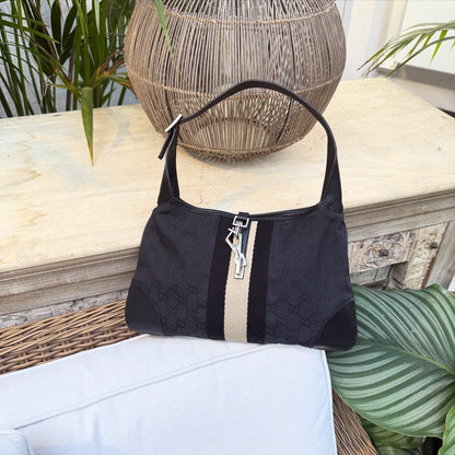 Gucci Jackie Black Beige Canvas Leather Shoulder Bag