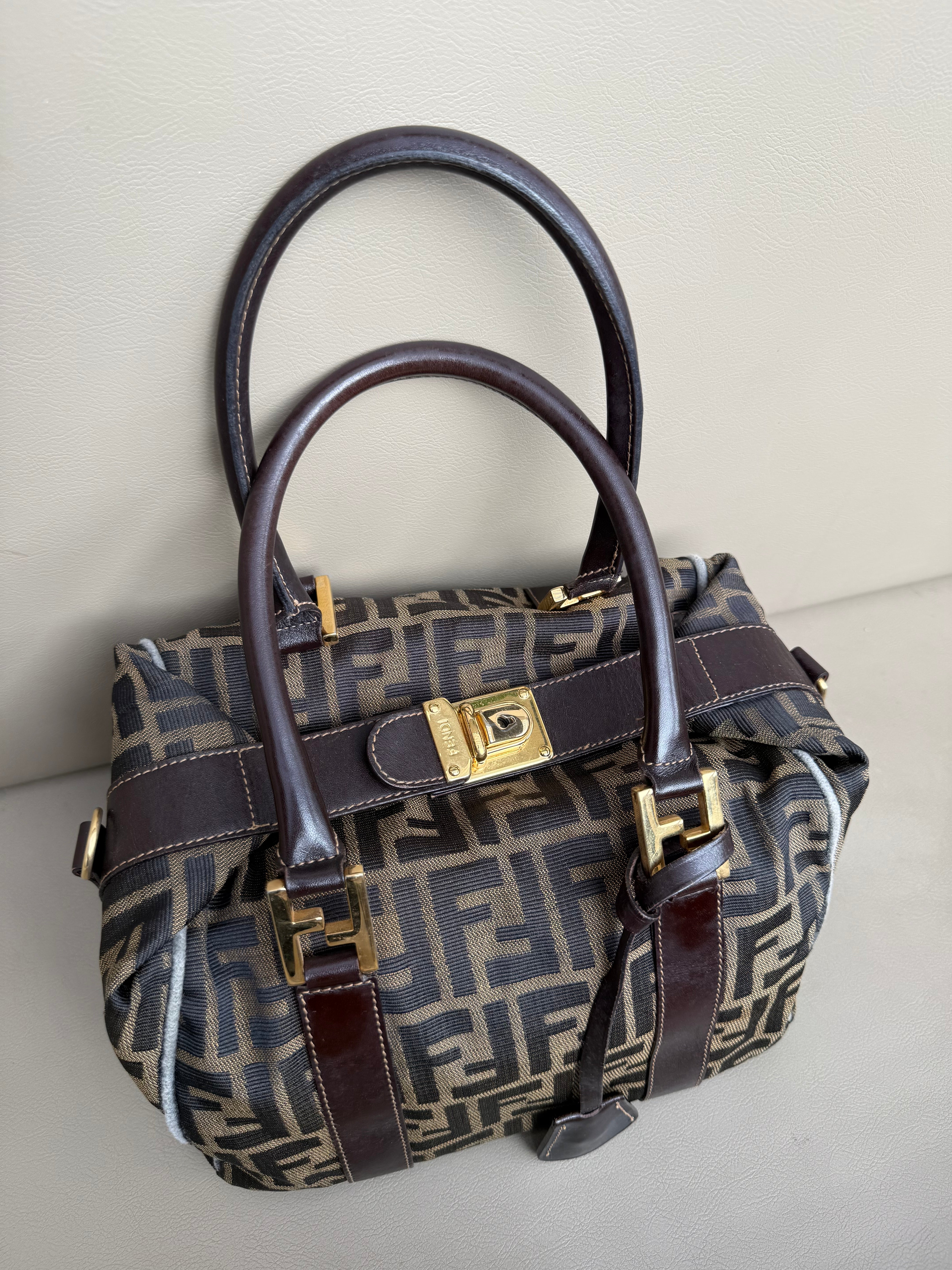Fendi Vintage handle bowling bag canvas brown GHW
