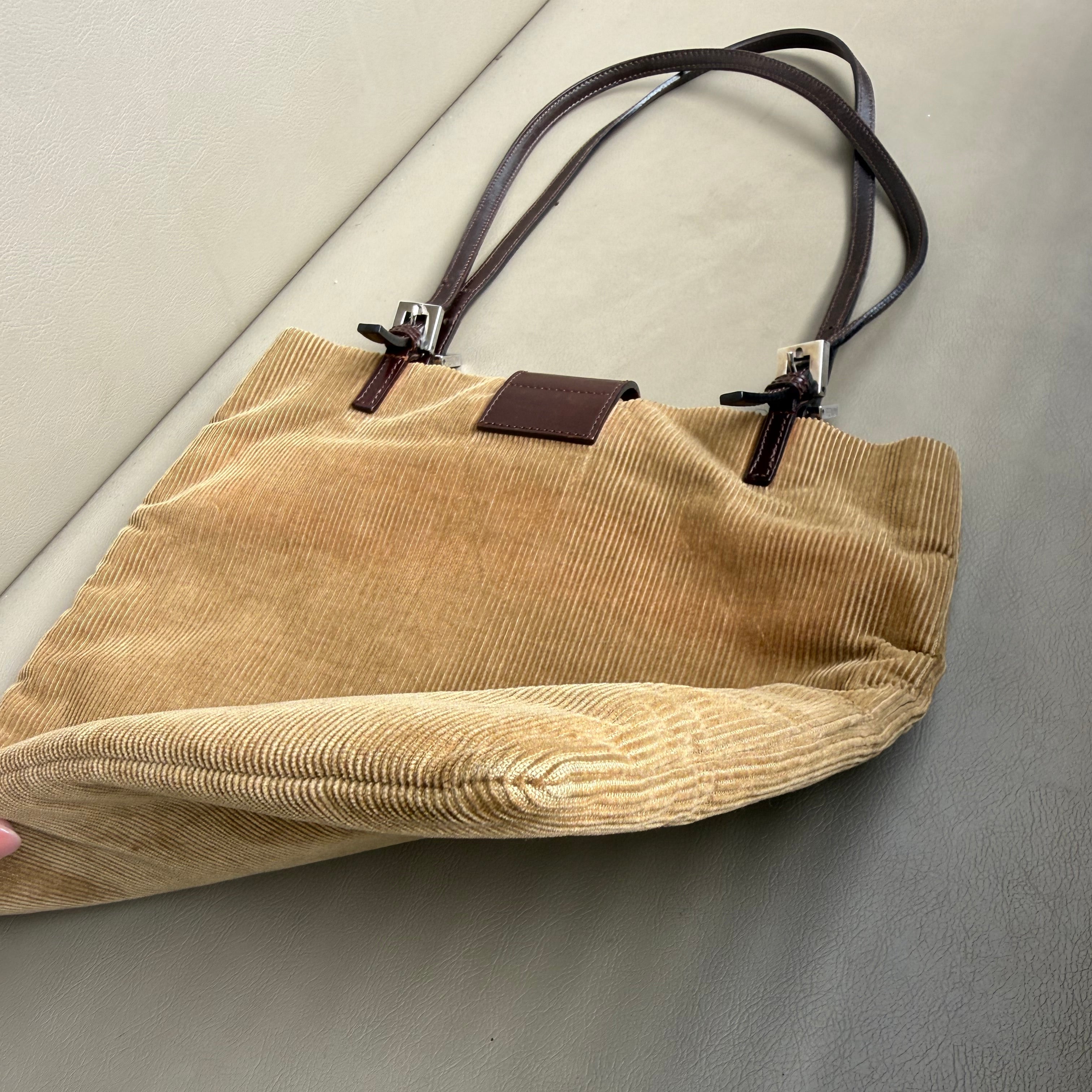 Fendi Tan Corduroy FF Silver Logo Tote Bag