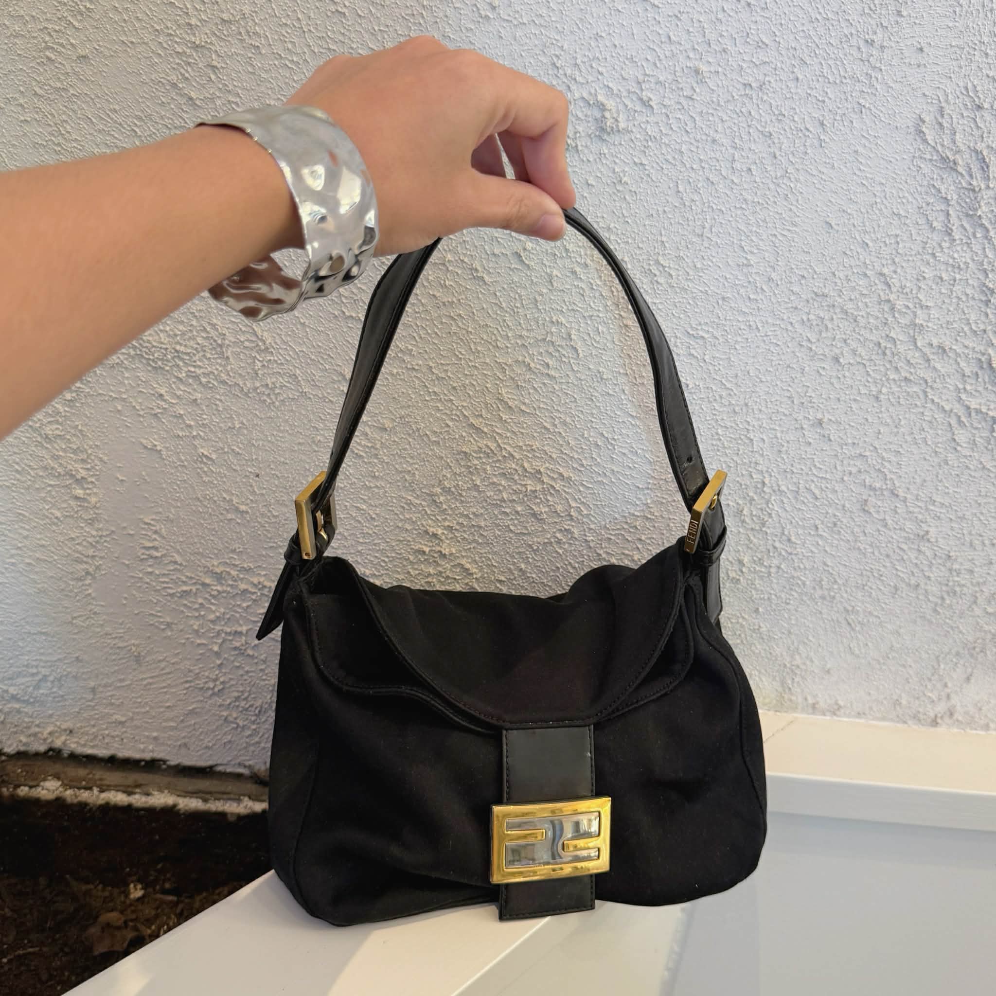 FENDI BLACK WOOL MAMMA BAGUETTE BAG 