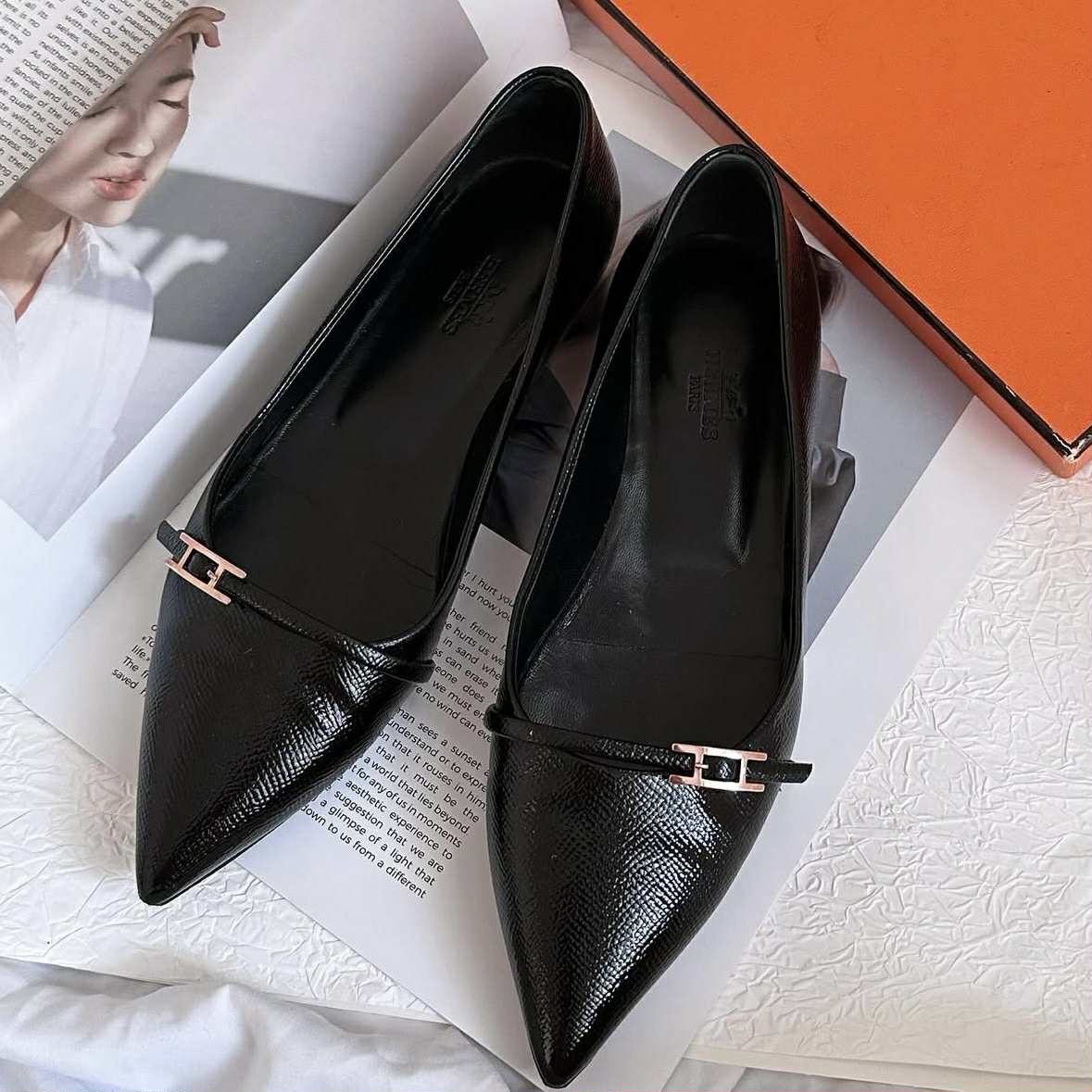 Hermes Black Leather Ballet Flats