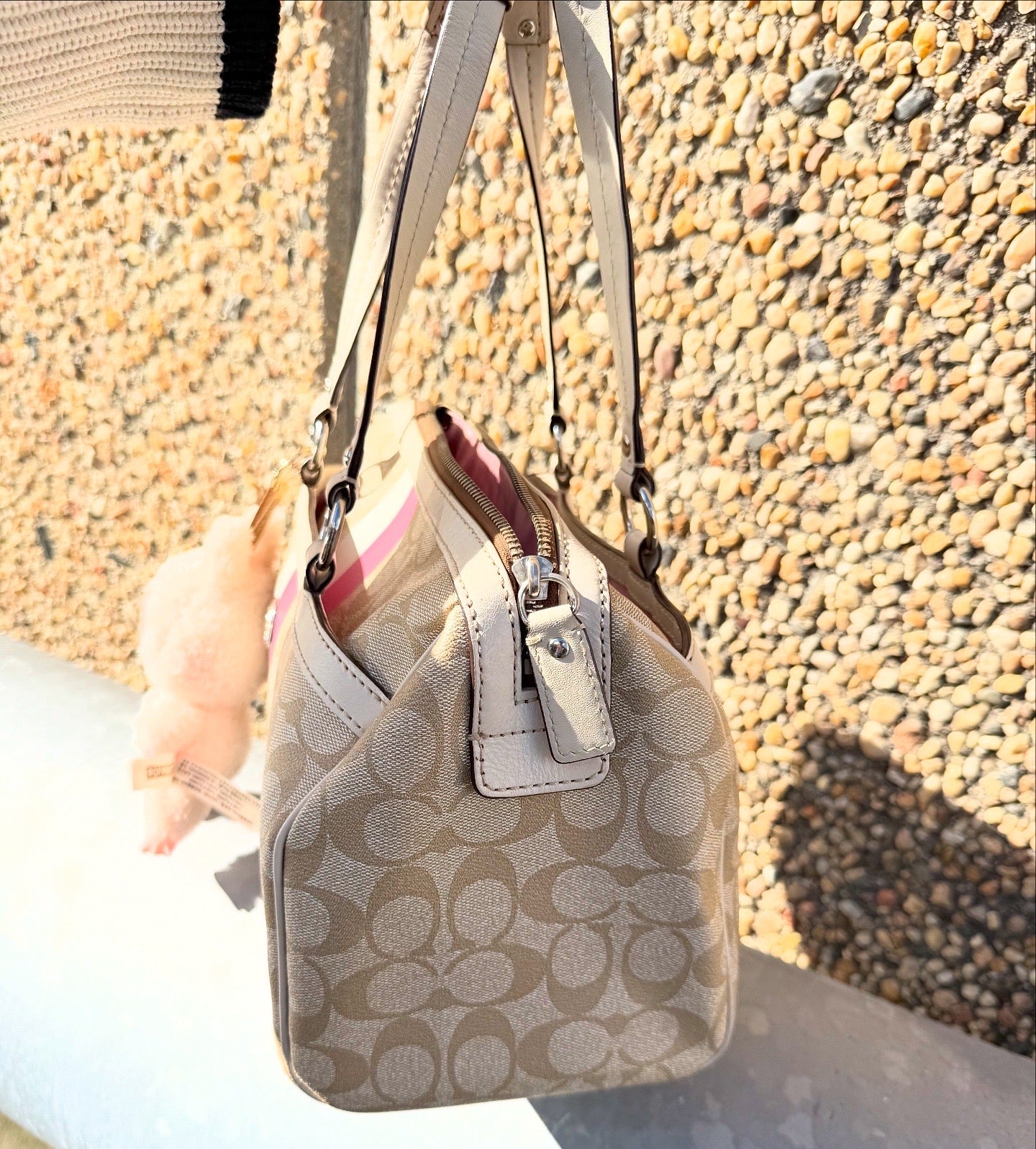 Coach Heritage Signature Stripe Barbie Peony Pink Coated Canvas Shoulder Bag