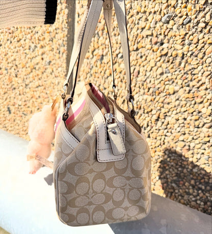Coach Heritage Signature Stripe Barbie Peony Pink Coated Canvas Shoulder Bag