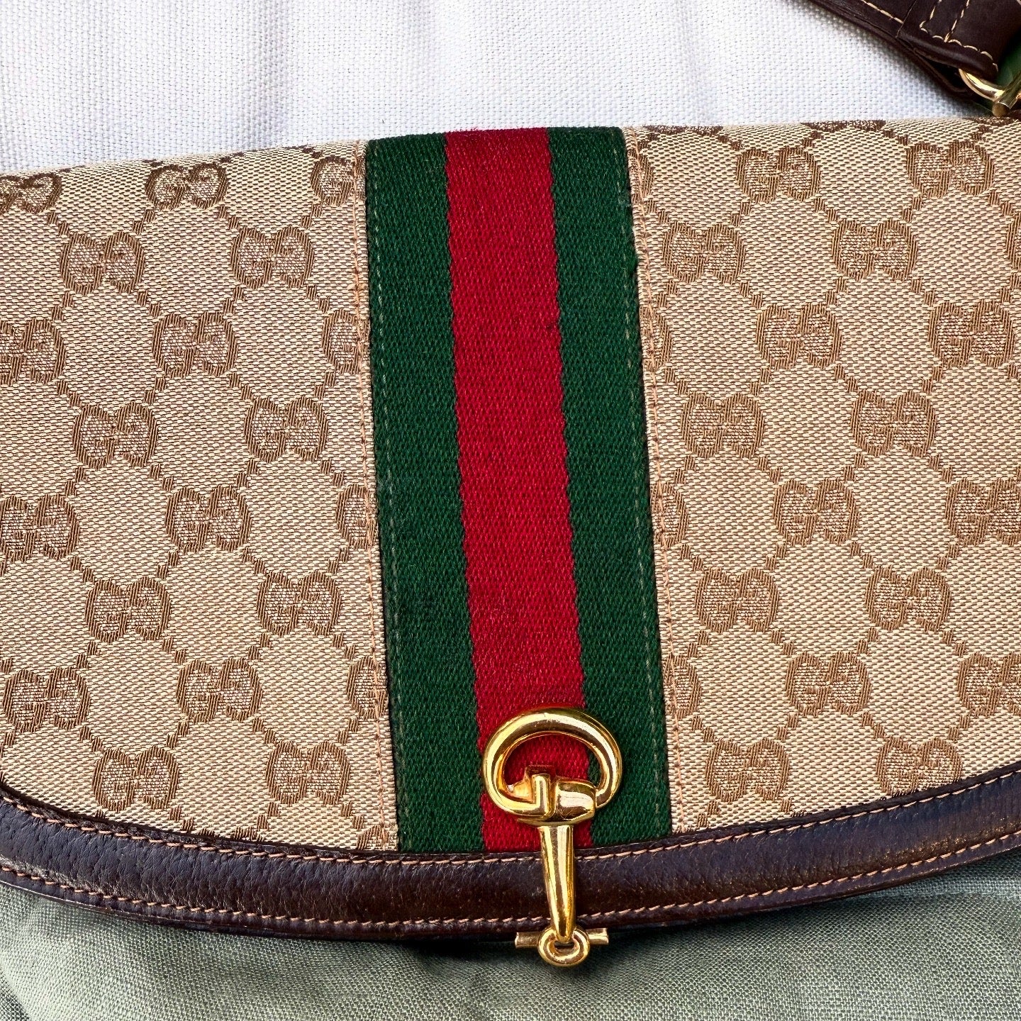 Gucci Vintage GG Beige Original Canvas & Brown Leather Bag