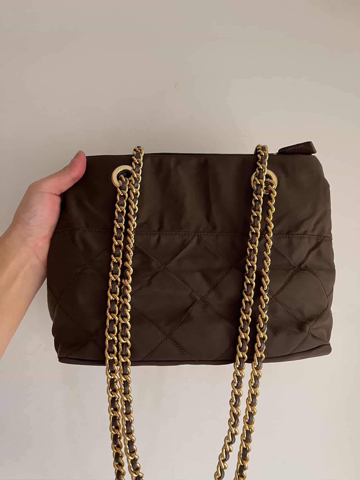 PRADA Chain Shoulder Bag Nylon Brown Gold