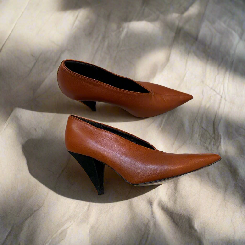 Celine Brown Leather V Neck Pointed Toe Pumps