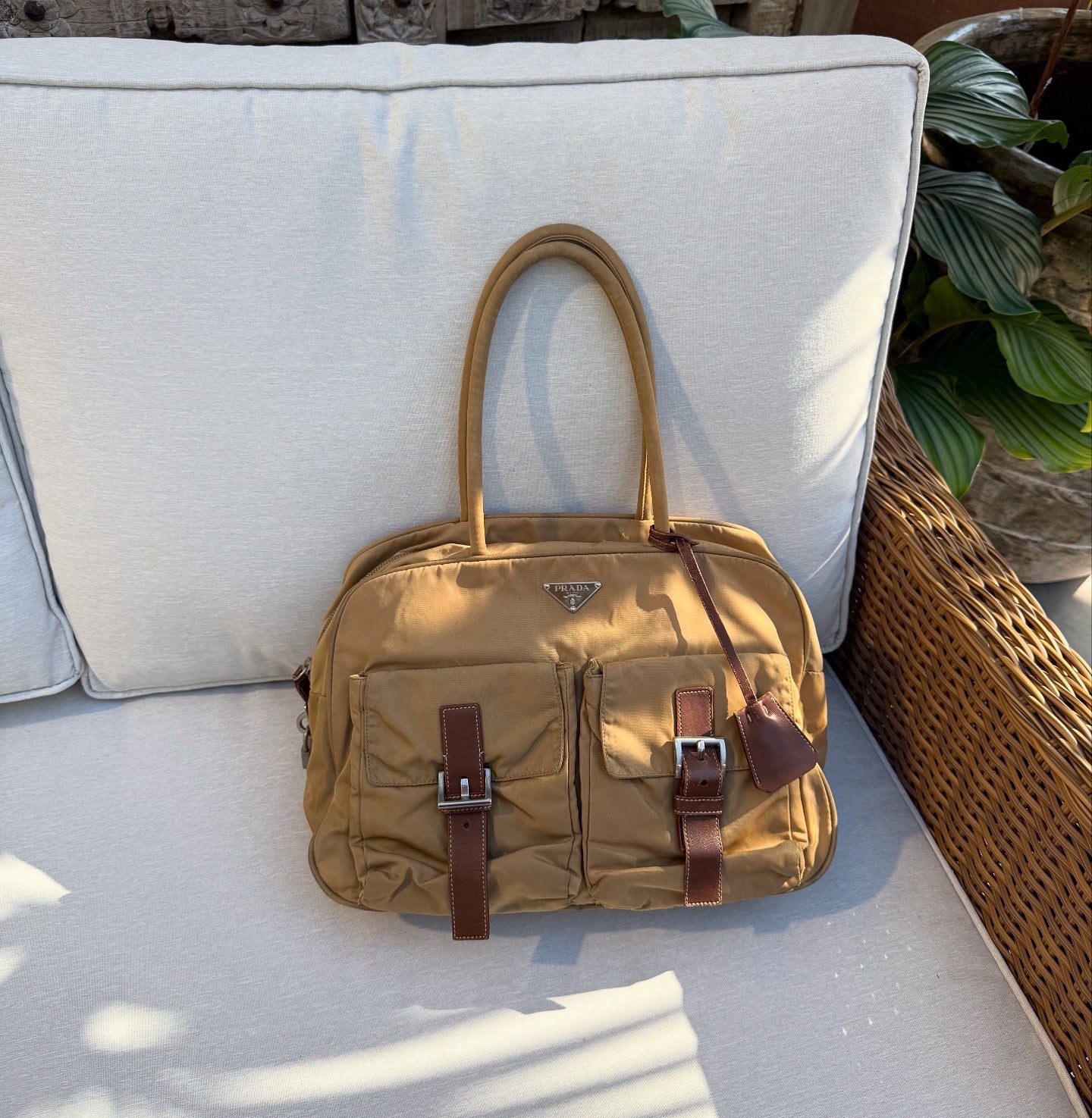 Prada Brown Tote Bag Nylon Pocket Triangular Logo