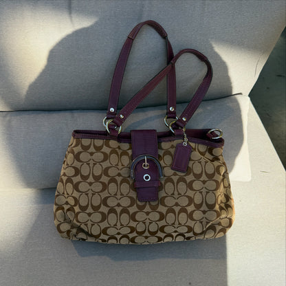 Coach Signature Tan Jacquard Purple Leather 2 Ways
