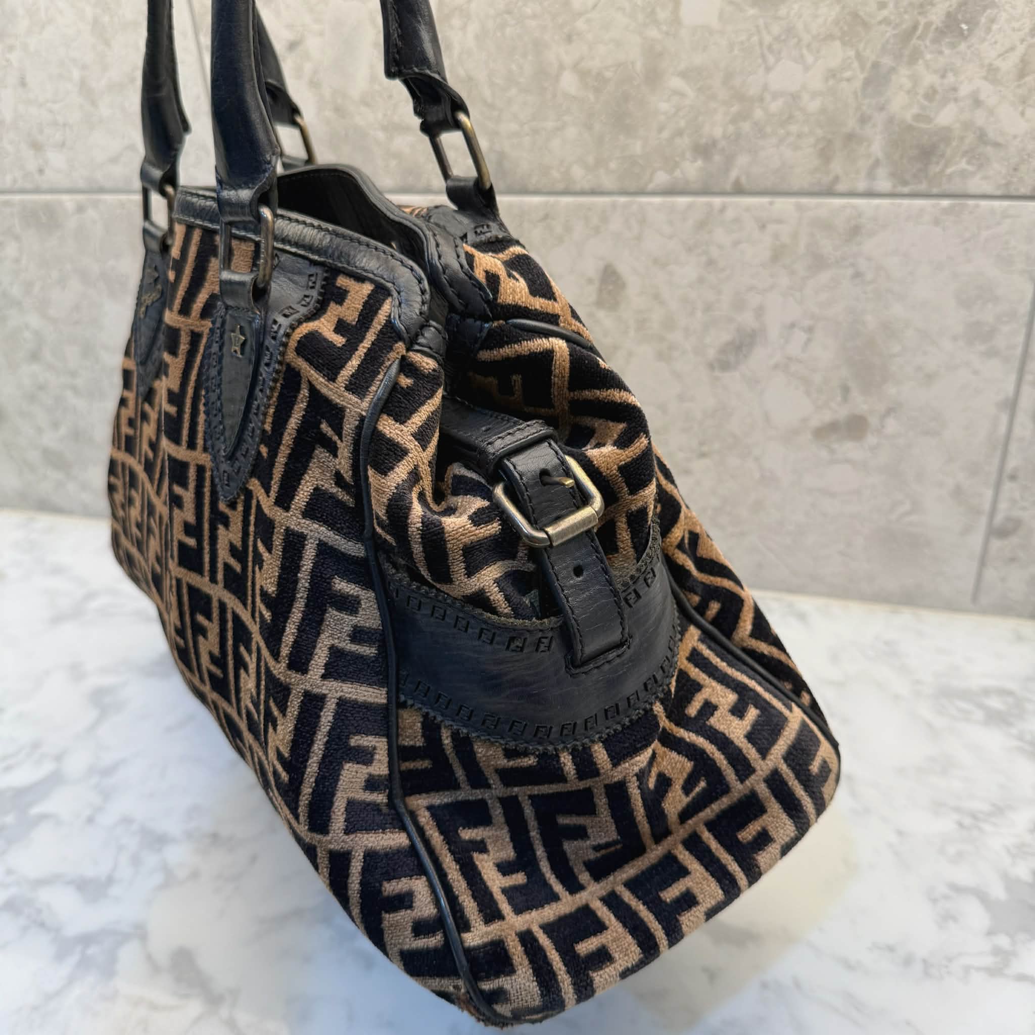Fendi Black/Tobacco Velvet and Leather Medium Chef De Jour Bag