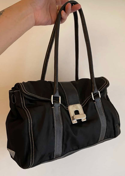 PRADA Vintage Black Tessuto Nylon Leather Satchel Handbag