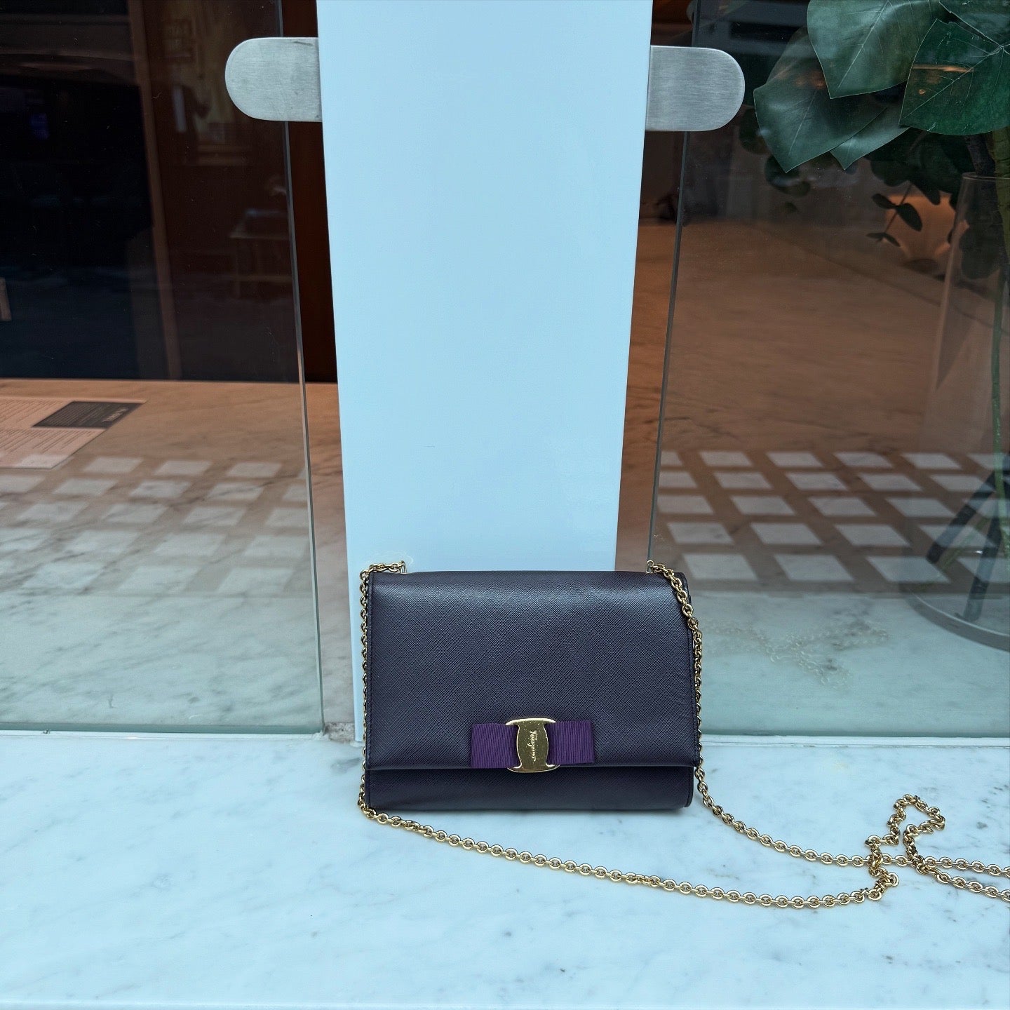 Salvatore Ferragamo Purple Saffiano Leather Genie Chain Crossbody