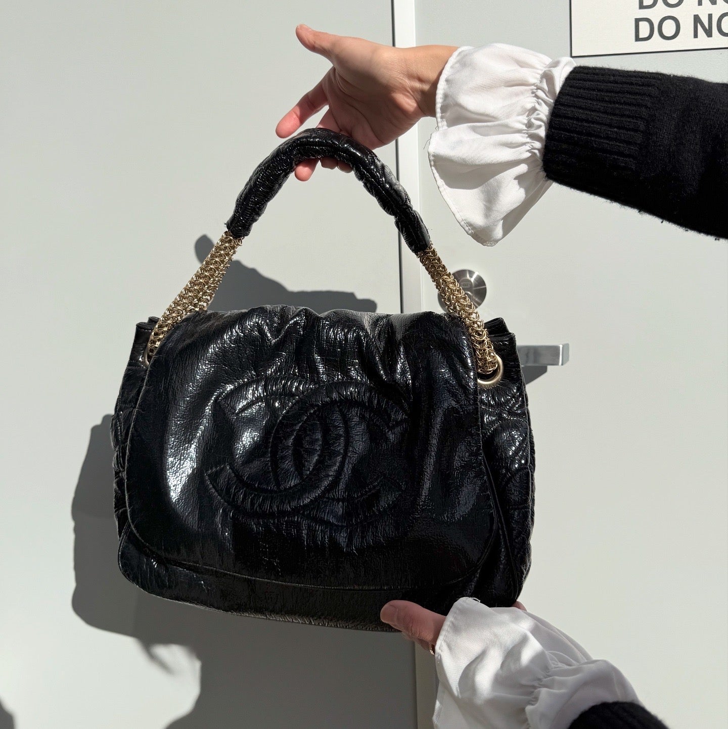 Chanel Rodeo Drive Flap Bag Chain Patent Leather Black