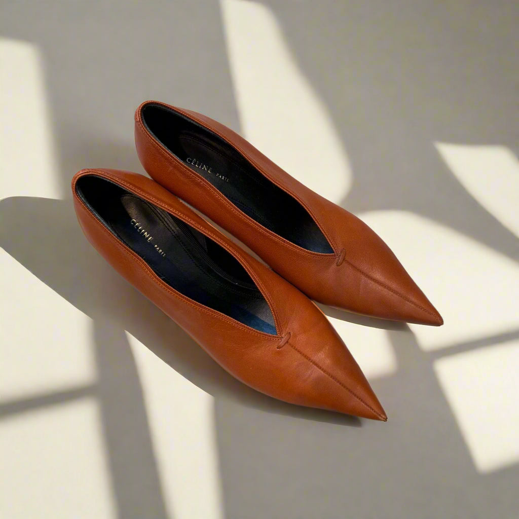 Celine Brown Leather V Neck Pointed Toe Pumps