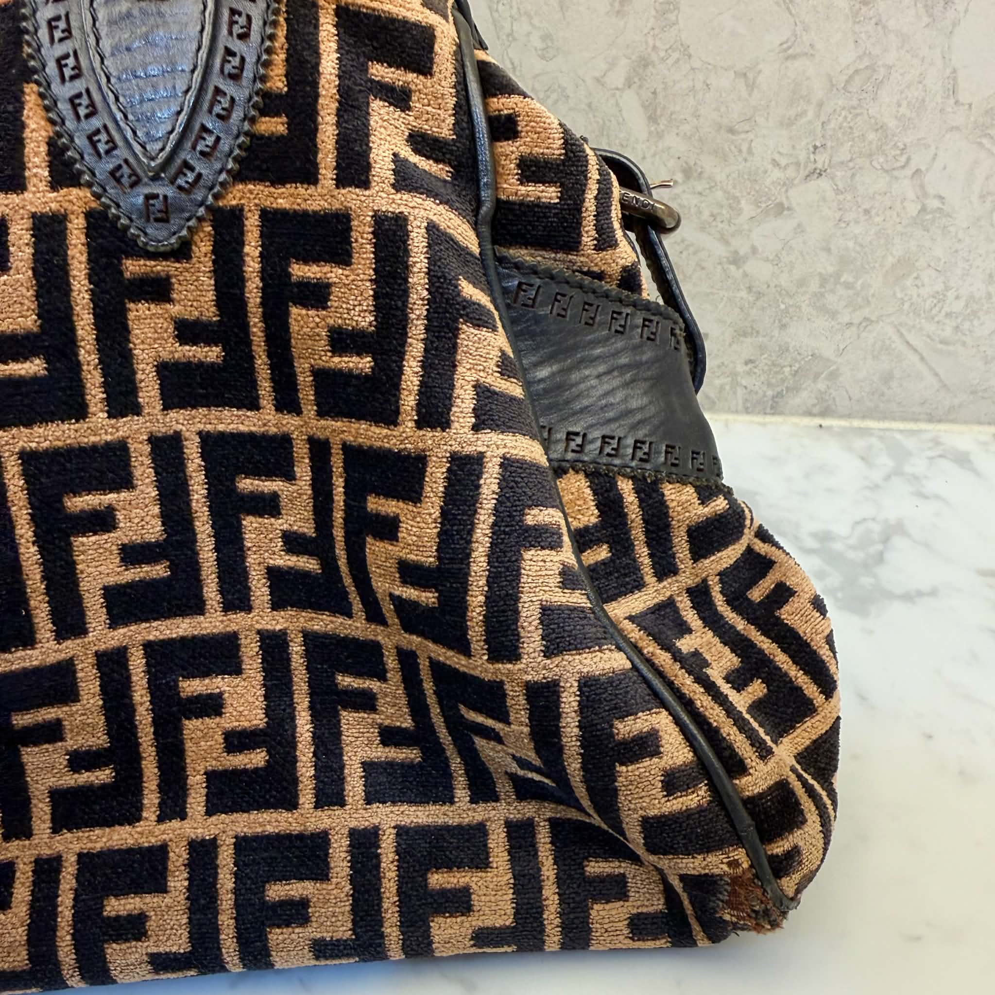 Fendi Black/Tobacco Velvet and Leather Medium Chef De Jour Bag