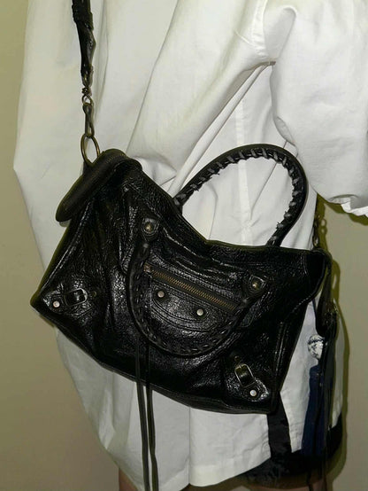 Balenciaga Classic City Black Leather Bag with Logo Strap
