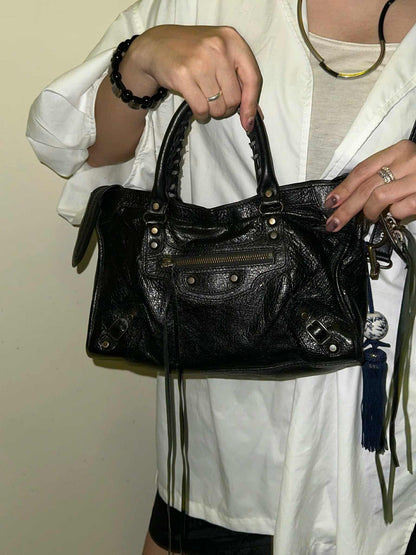 Balenciaga Classic City Black Leather Bag with Logo Strap