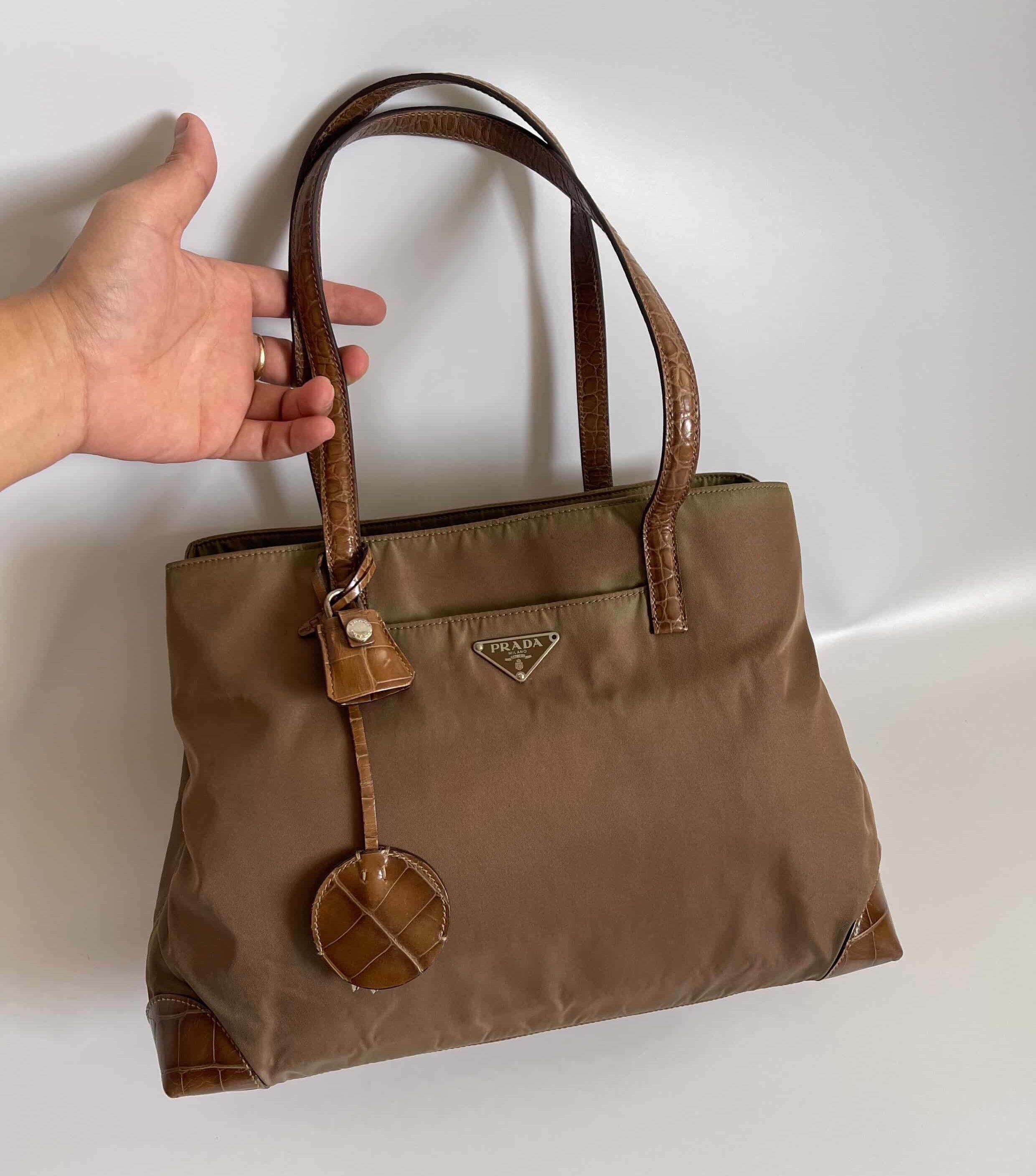 Prada Tessuto Nylon Faux Croc Tote Brown