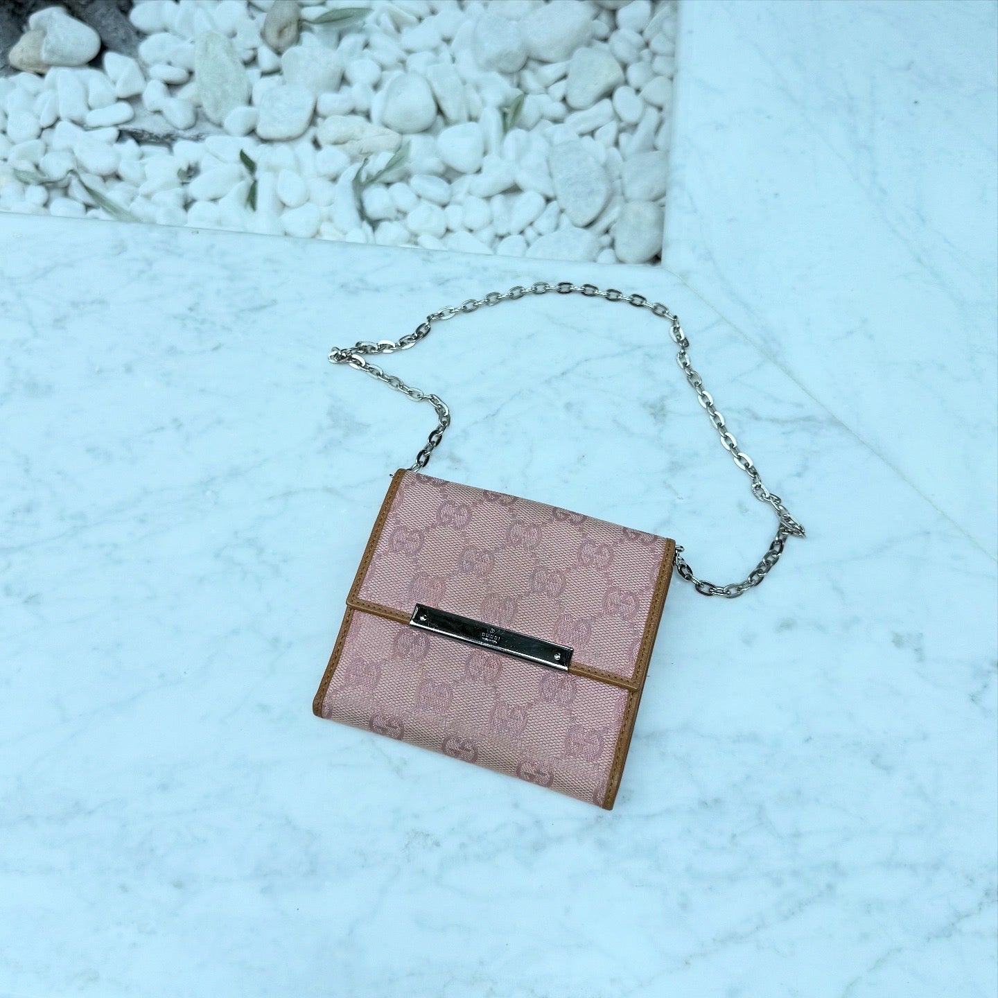 Gucci Monogram Metal Bar French Flap Wallet Pink