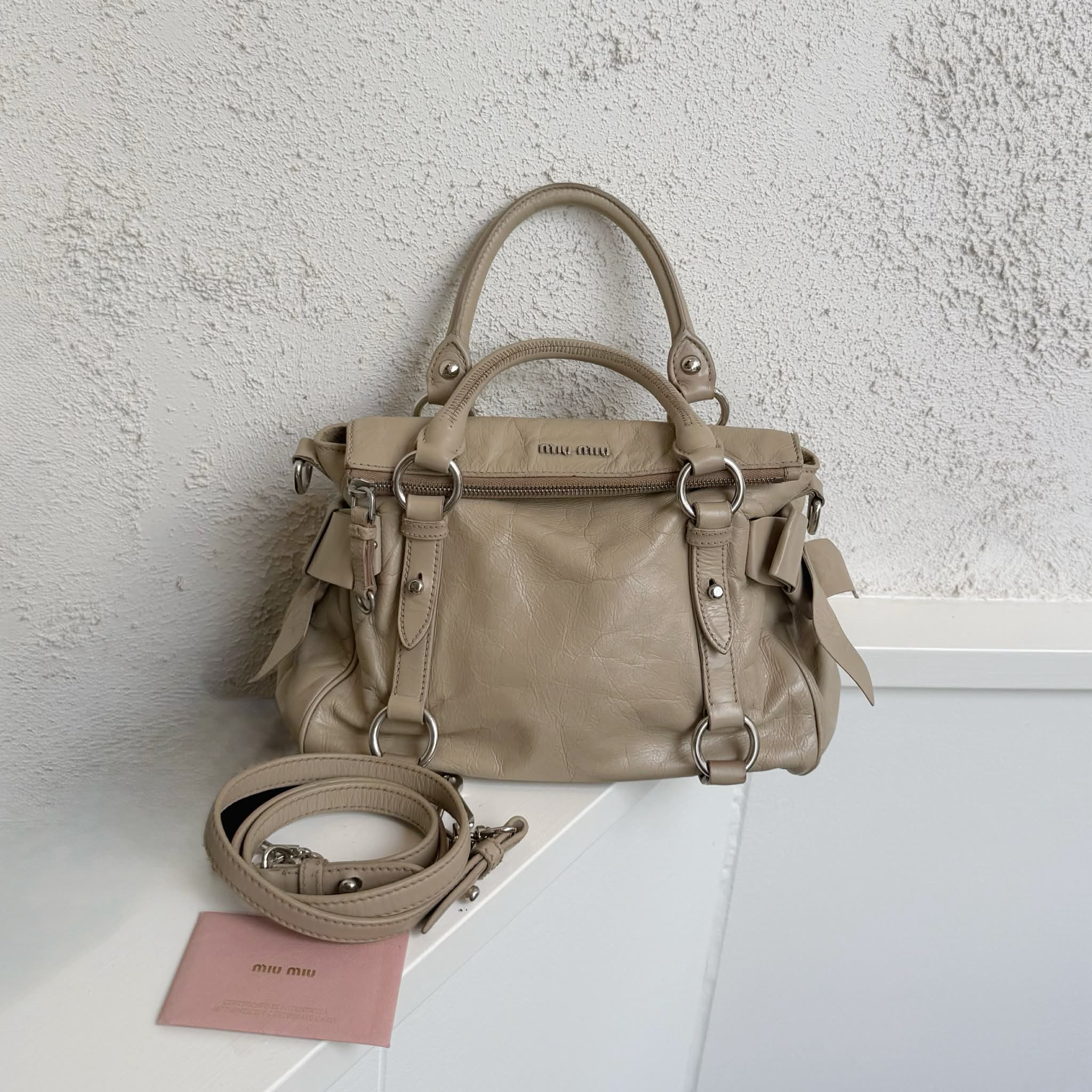 Miu Miu Vitello Lux Leather Bow Satchel Brown