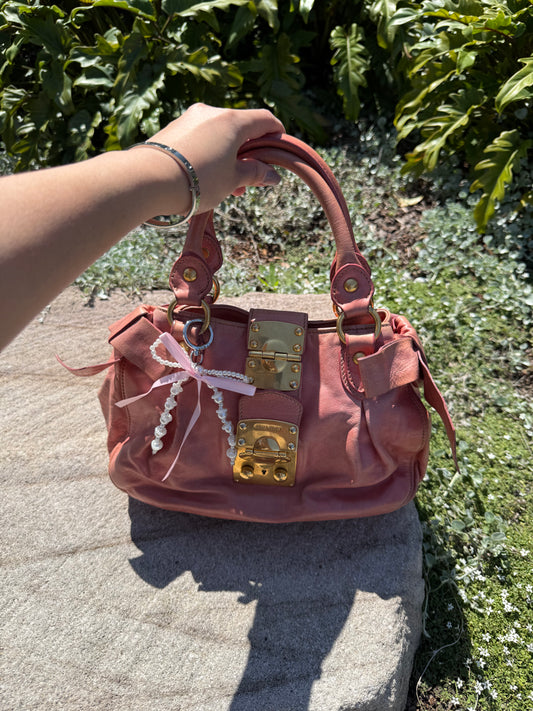 Miu Miu Vitello Lux Handbag Leather Pink Side Ribbon