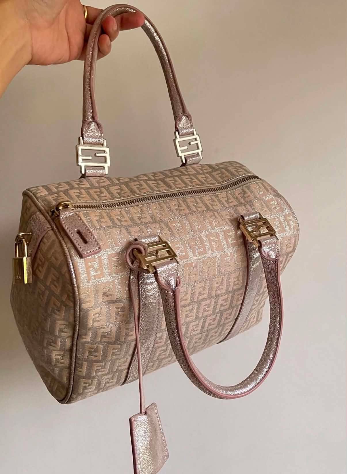 FENDI Zucchino Boston Handbag Pink Silver