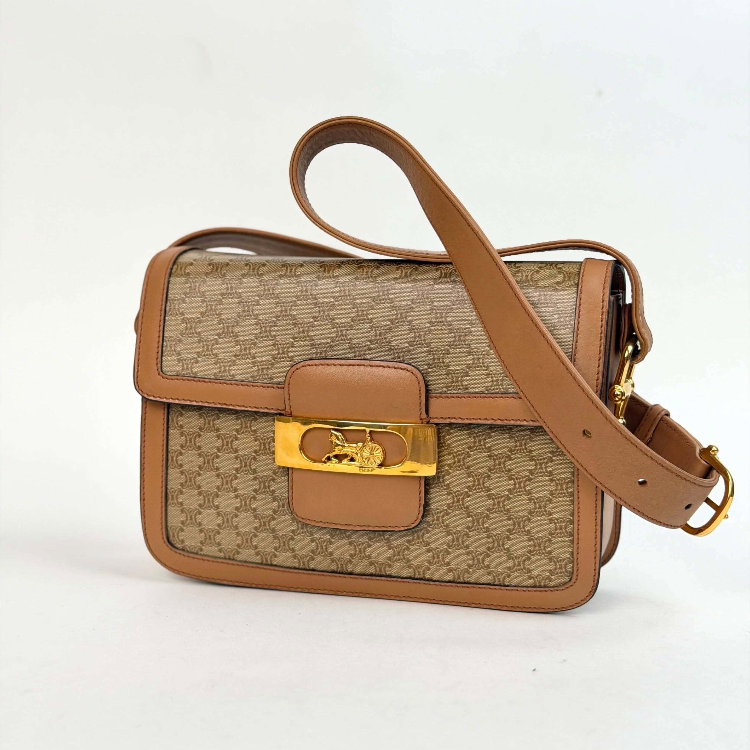 Celine Vintage Beige Macadam Horse Carriage Shoulder Bag