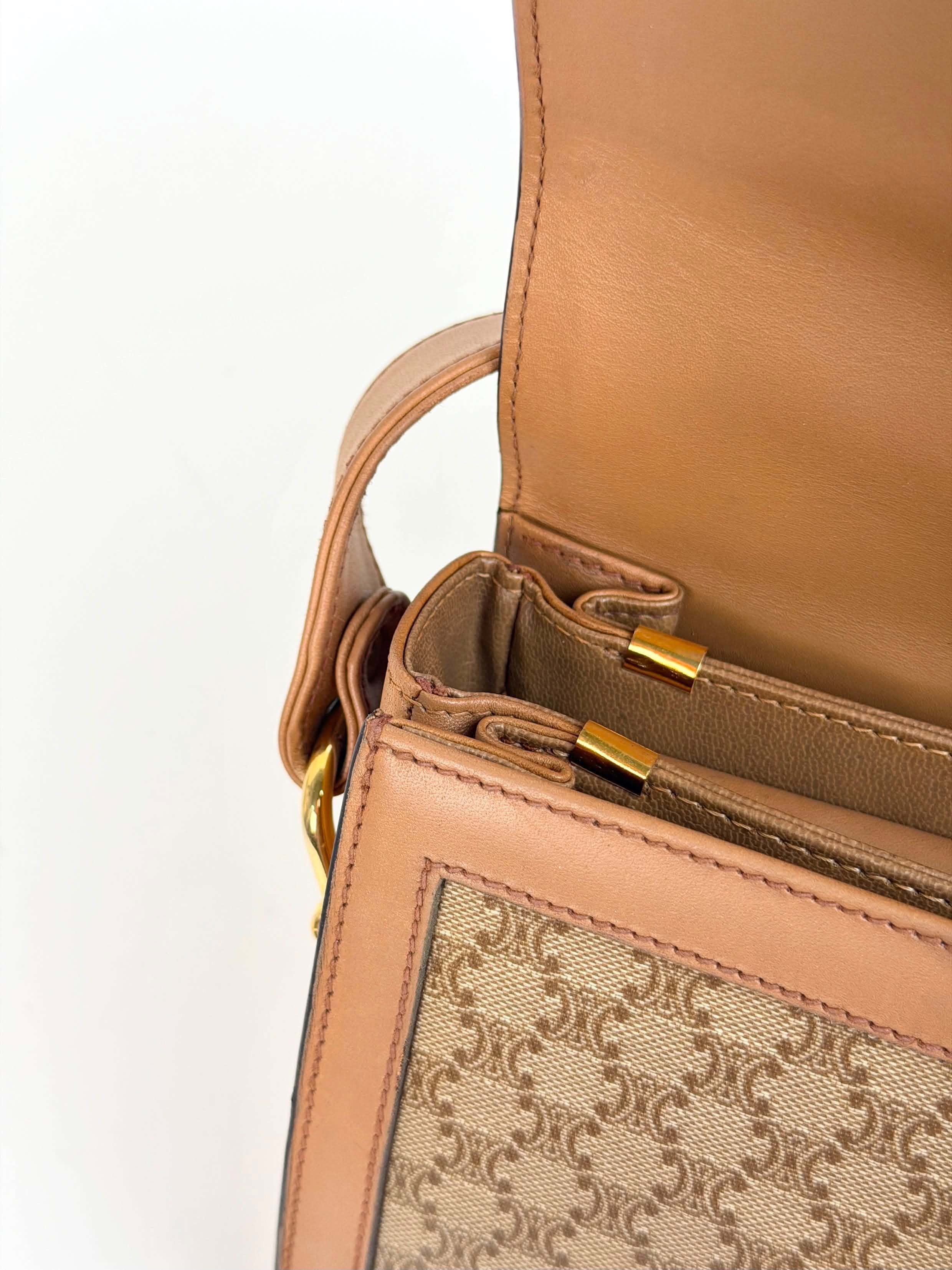 Celine Vintage Beige Macadam Horse Carriage Shoulder Bag