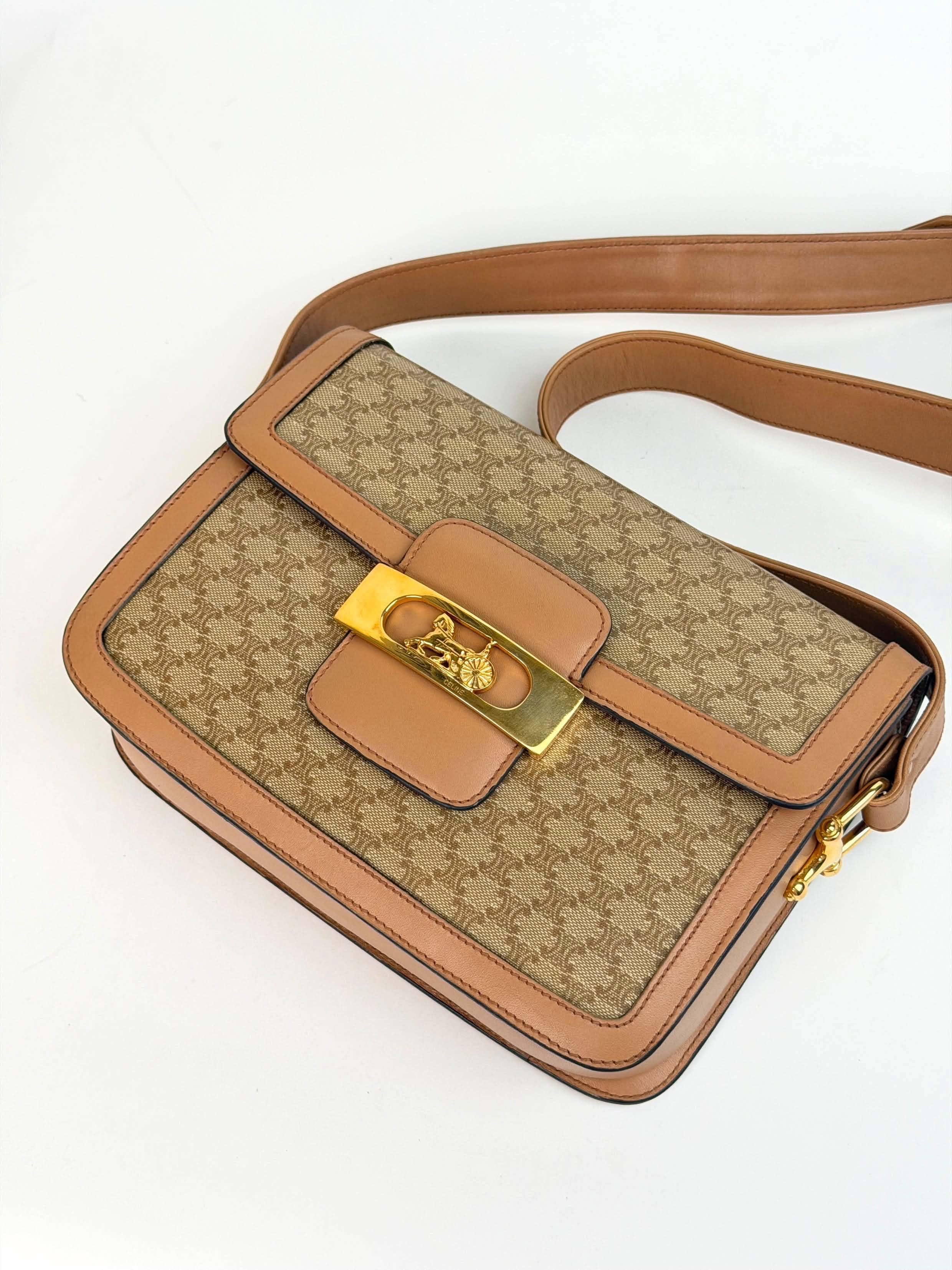 Celine Vintage Beige Macadam Horse Carriage Shoulder Bag