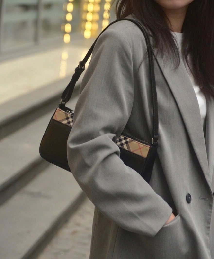 Burberry  Leather Canvas Trimmed Shoulder Bag