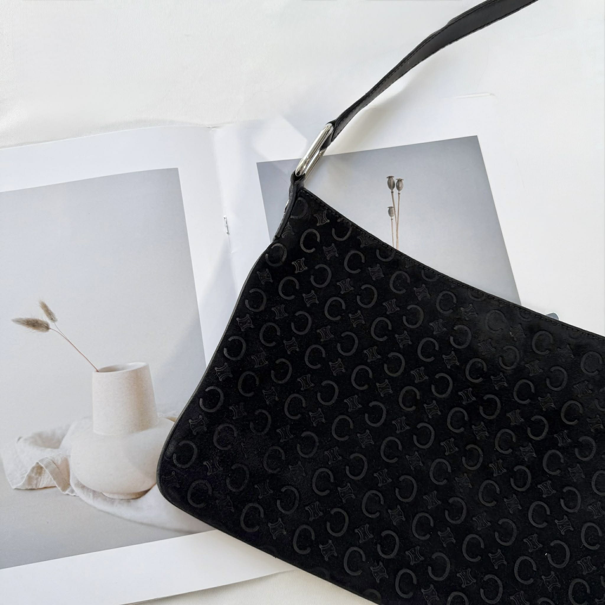 Celine Black C Logo Embossed Suede Leather