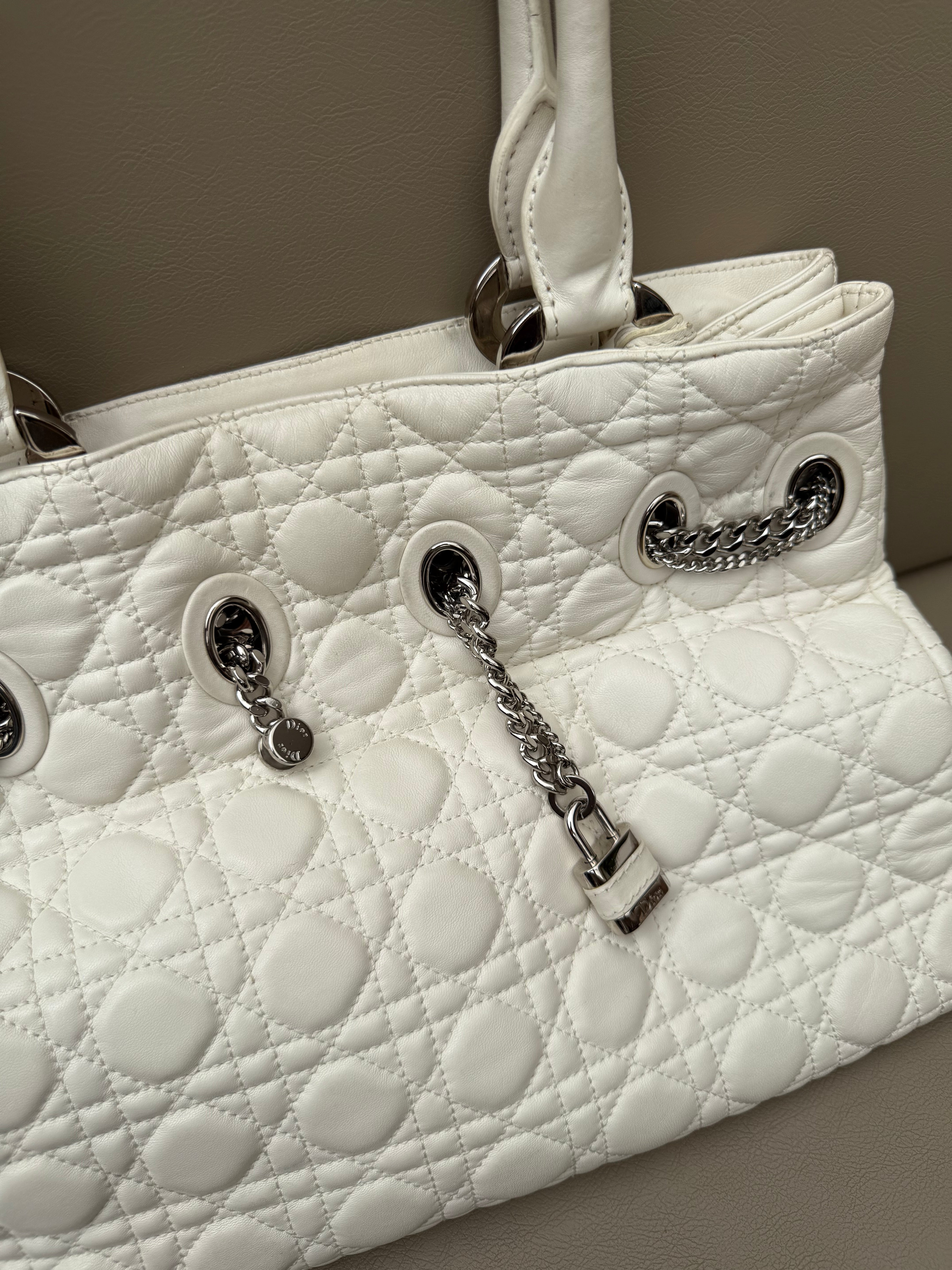 Christian Dior White Cannage Leather Chri Chri Tote Bag