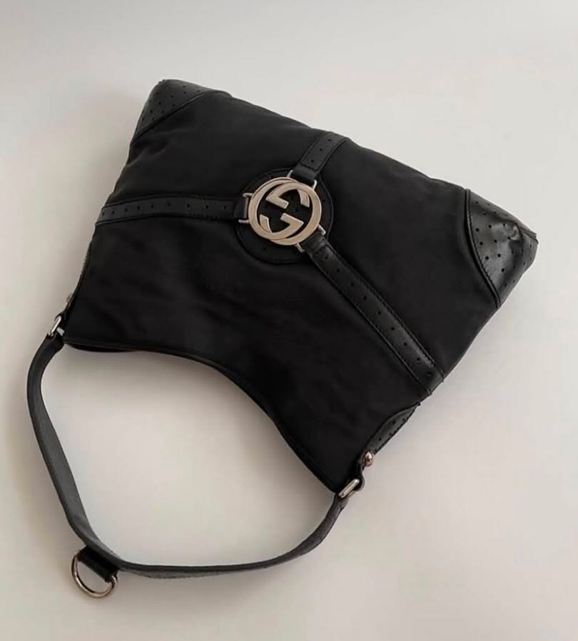 GUCCI BLACK CANVAS REINS SHOULDER BAG
