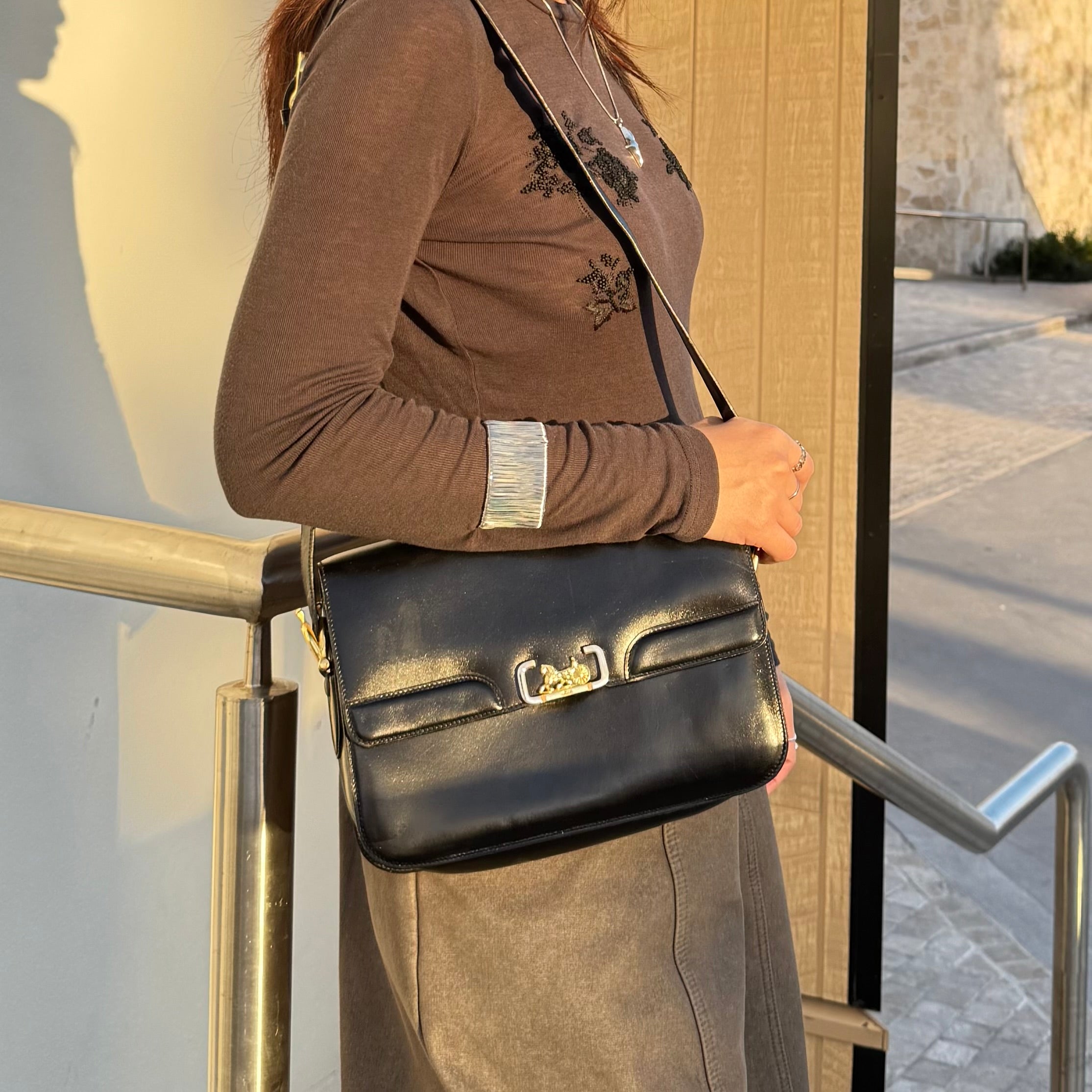 Celine Vintage Black Leather Horse Carriage Shoulder Bag