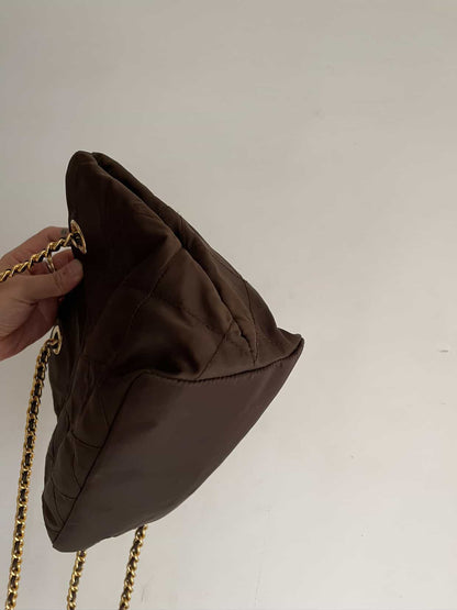 PRADA Chain Shoulder Bag Nylon Brown Gold