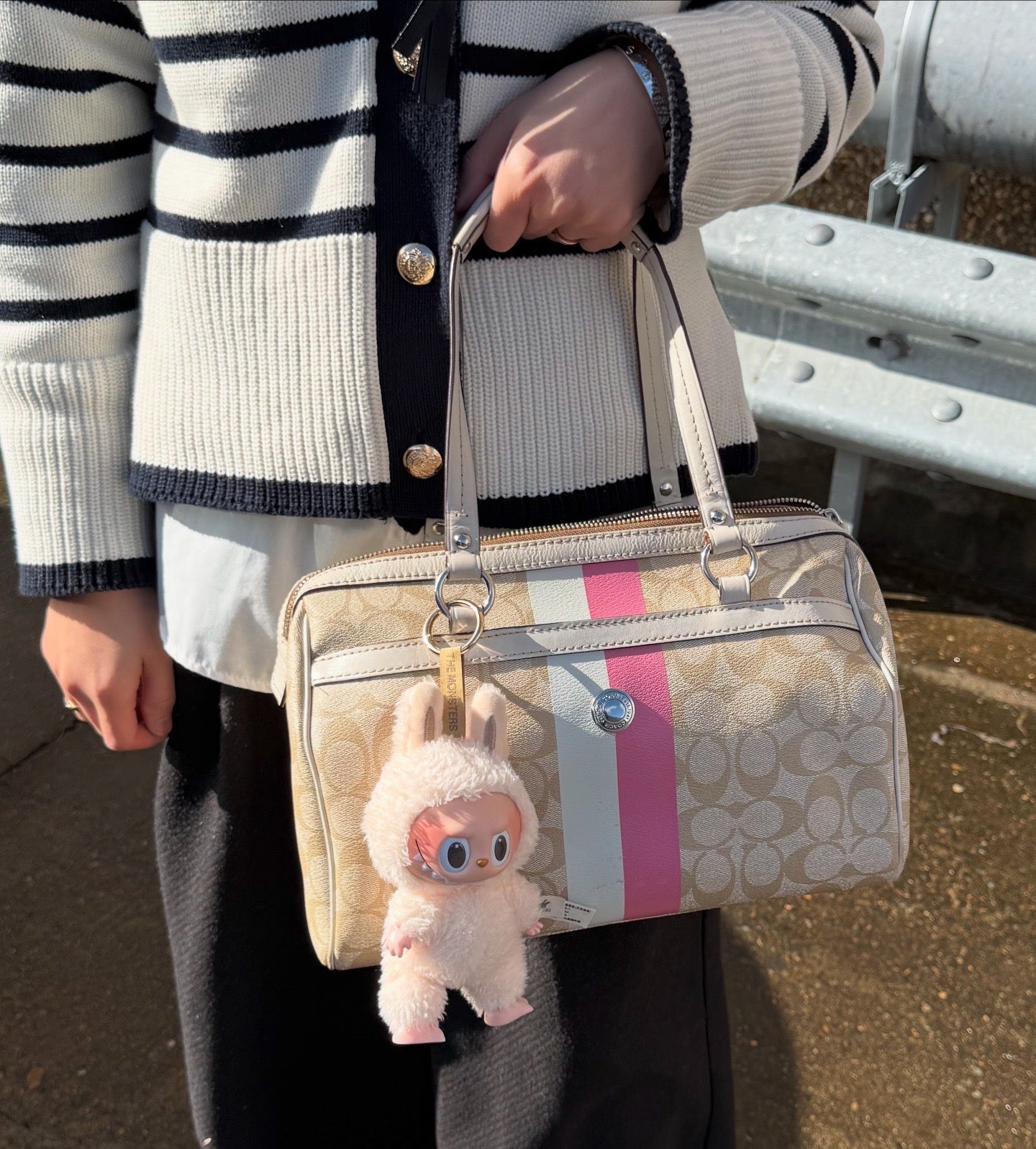 Coach Heritage Signature Stripe Barbie Peony Pink Coated Canvas Shoulder Bag
