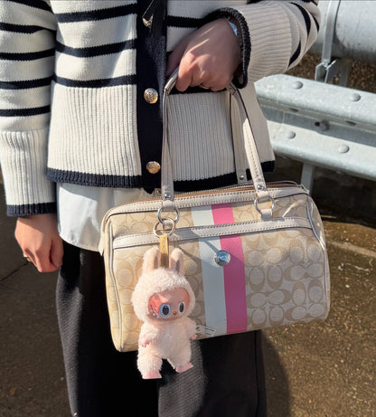 Coach Heritage Signature Stripe Barbie Peony Pink Coated Canvas Shoulder Bag
